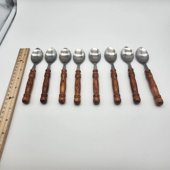 Vintage Set of 8 Wood Handle Stainless Spoons Made Taiwan Mid Century Cottage - Picture 1 of 11